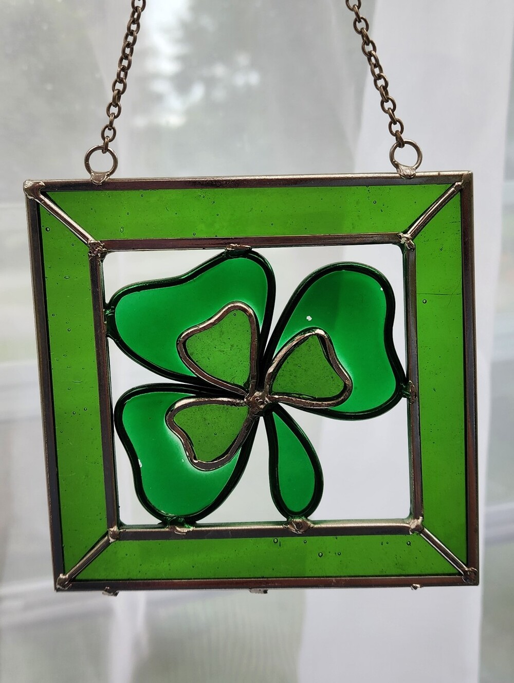 Irish Shamrock St. Patrick's Vintage Hanging Stained Glass Sun Catcher Green